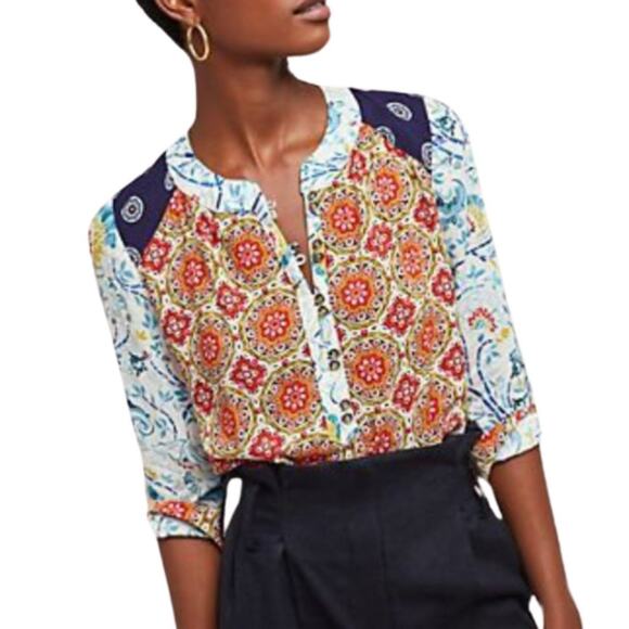 Anthropologie Maeve Floral Colorblock Blouse Multicolor Women Size 4 Rayon Boho - Picture 2 of 14